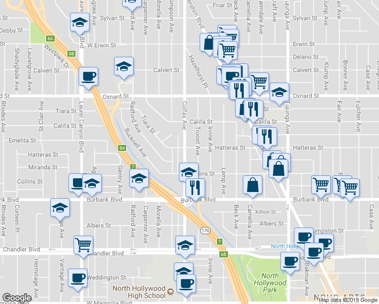 map of restaurants, bars, coffee shops, grocery stores, and more near 5802 Colfax Avenue in Los Angeles