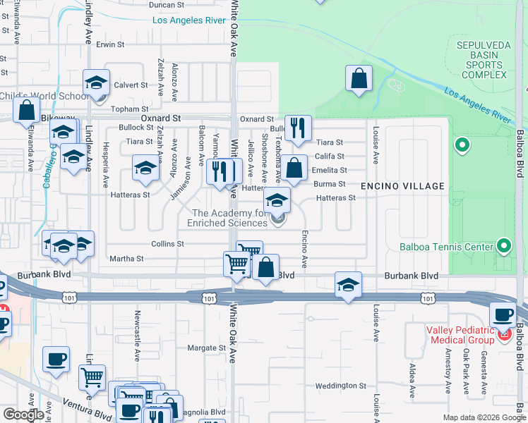 map of restaurants, bars, coffee shops, grocery stores, and more near 17575 Bromley Street in Los Angeles