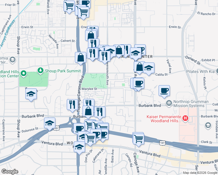 map of restaurants, bars, coffee shops, grocery stores, and more near 5801-5859 Owensmouth Avenue in Los Angeles