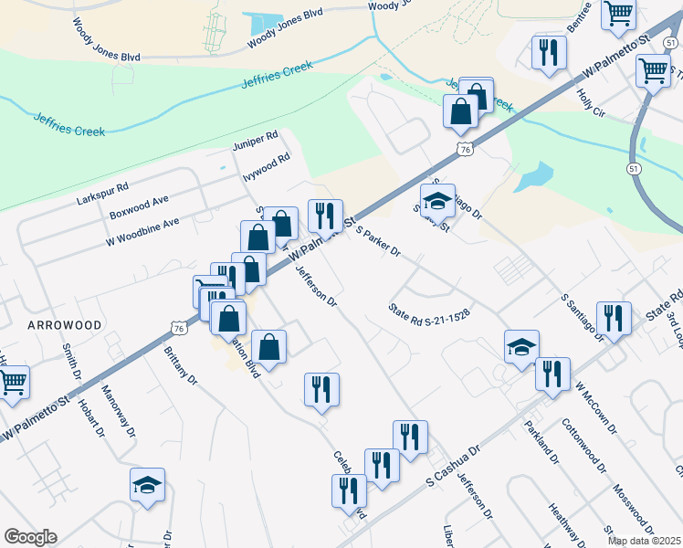 map of restaurants, bars, coffee shops, grocery stores, and more near 713 South Parker Drive in Florence