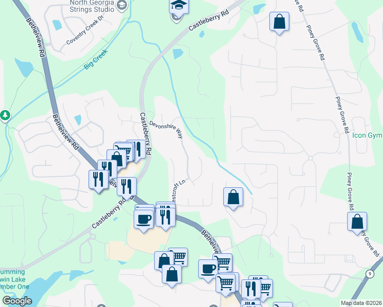 map of restaurants, bars, coffee shops, grocery stores, and more near 5695 Devonshire Way in Cumming