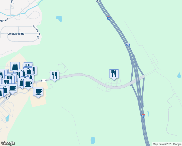 map of restaurants, bars, coffee shops, grocery stores, and more near 1300 East Main Street in Cartersville