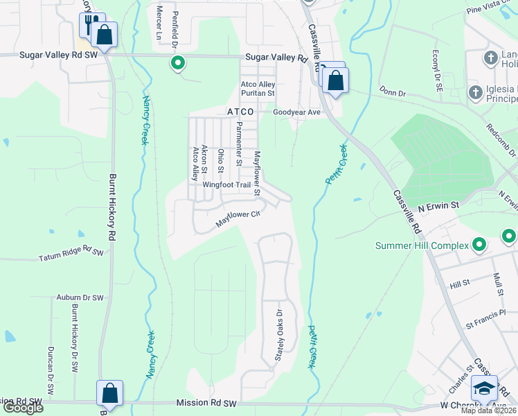 map of restaurants, bars, coffee shops, grocery stores, and more near 164 Mayflower Circle in Cartersville