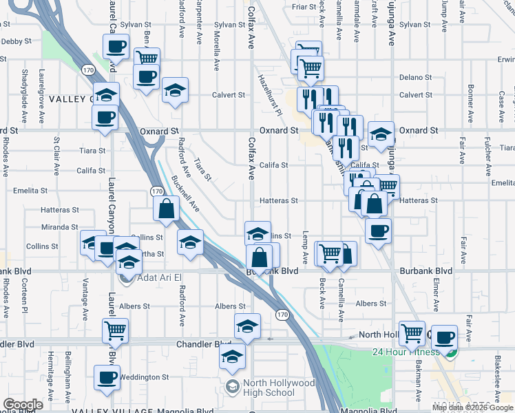 map of restaurants, bars, coffee shops, grocery stores, and more near 5754 Colfax Avenue in Los Angeles