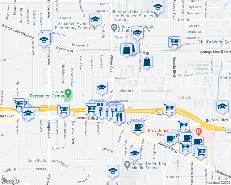 map of restaurants, bars, coffee shops, grocery stores, and more near 5732 Wilbur Avenue in Los Angeles