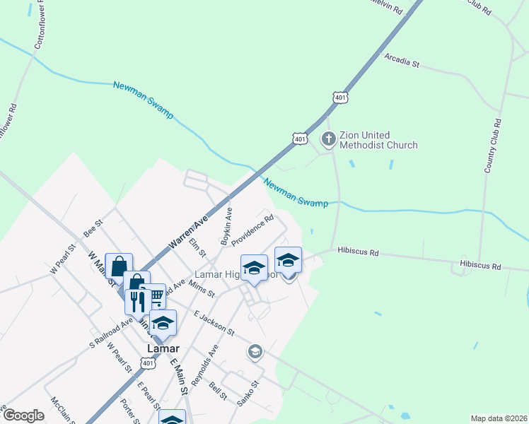 map of restaurants, bars, coffee shops, grocery stores, and more near 110 Providence Road in Lamar