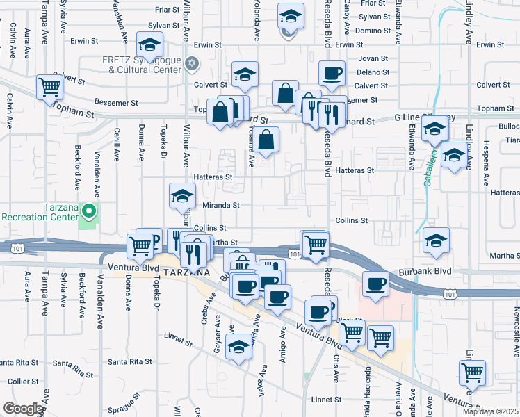 map of restaurants, bars, coffee shops, grocery stores, and more near 5730 Yolanda Avenue in Los Angeles