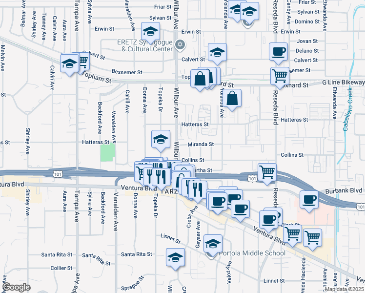 map of restaurants, bars, coffee shops, grocery stores, and more near 5732 Wilbur Avenue in Los Angeles