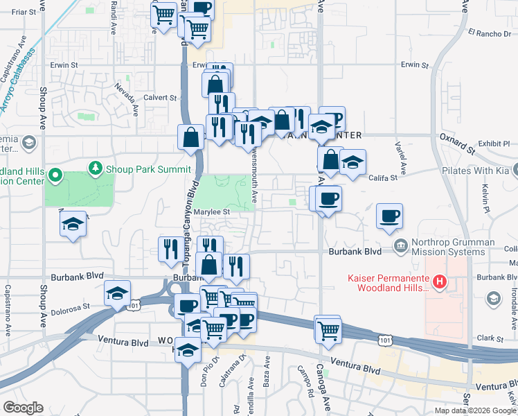 map of restaurants, bars, coffee shops, grocery stores, and more near 5801-5859 Owensmouth Avenue in Los Angeles