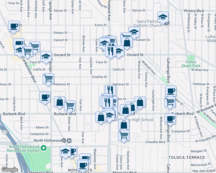 map of restaurants, bars, coffee shops, grocery stores, and more near 5755 Vineland Ave in Los Angeles