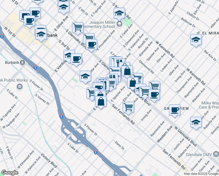 map of restaurants, bars, coffee shops, grocery stores, and more near 303 East Alameda Avenue in Burbank