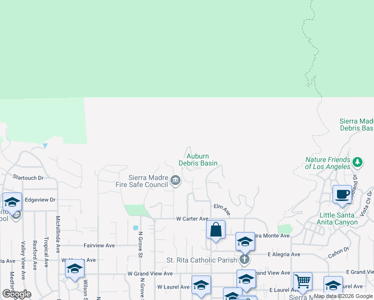 map of restaurants, bars, coffee shops, grocery stores, and more near 835 Auburn Avenue in Sierra Madre