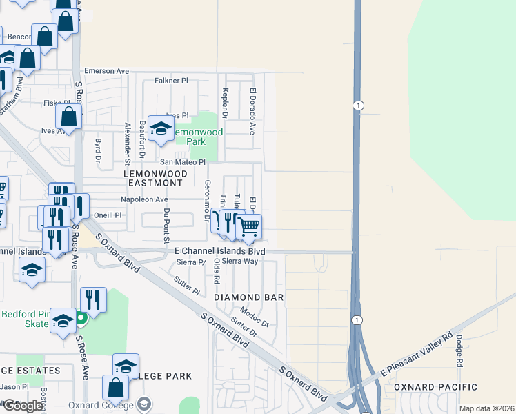 map of restaurants, bars, coffee shops, grocery stores, and more near 2500 El Dorado Avenue in Oxnard
