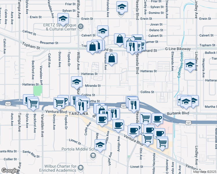 map of restaurants, bars, coffee shops, grocery stores, and more near 5730 Yolanda Avenue in Los Angeles