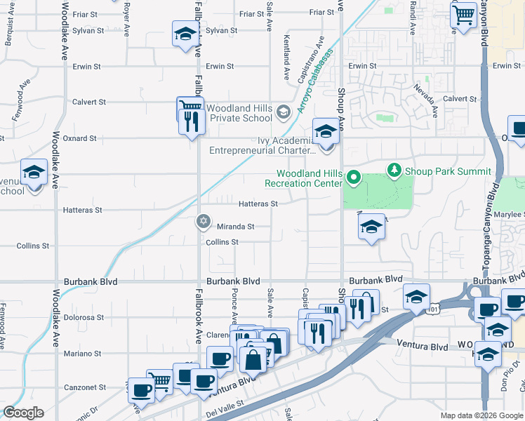 map of restaurants, bars, coffee shops, grocery stores, and more near 22616 Hatteras Street in Los Angeles