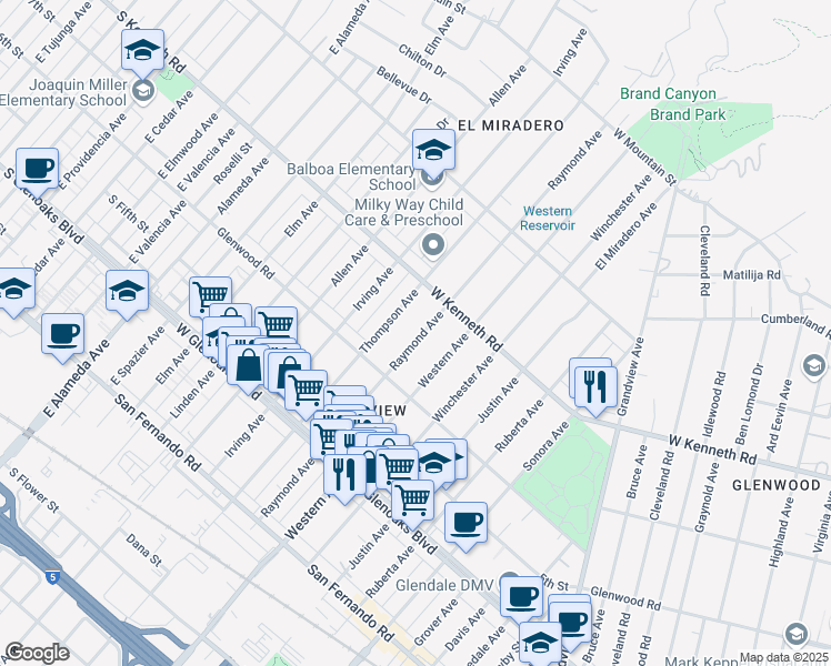 map of restaurants, bars, coffee shops, grocery stores, and more near 1247 Raymond Avenue in Glendale