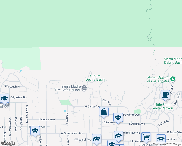 map of restaurants, bars, coffee shops, grocery stores, and more near 835 Auburn Avenue in Sierra Madre