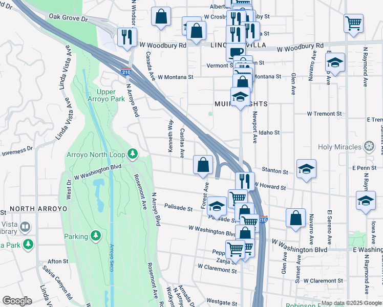 map of restaurants, bars, coffee shops, grocery stores, and more near 1667 Kenilworth Avenue in Pasadena