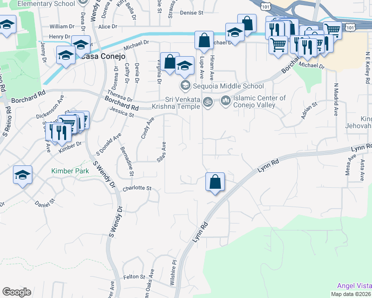 map of restaurants, bars, coffee shops, grocery stores, and more near 130 Chisholm Trail in Thousand Oaks