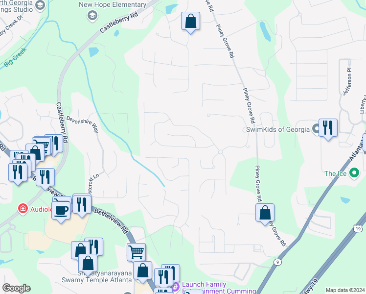 map of restaurants, bars, coffee shops, grocery stores, and more near Weddington Drive in Forsyth County