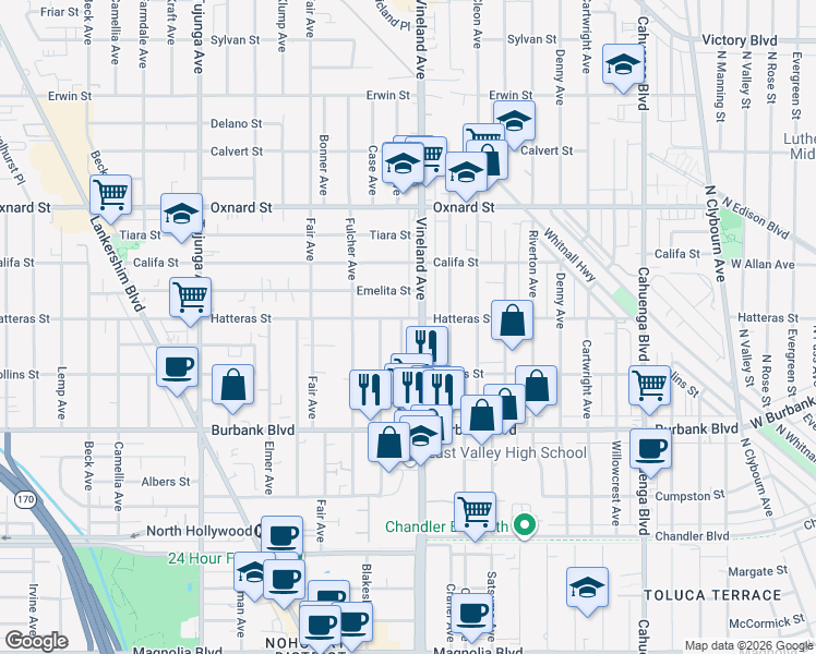 map of restaurants, bars, coffee shops, grocery stores, and more near 5754 Ensign Avenue in Los Angeles