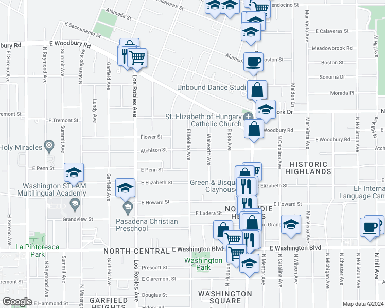 map of restaurants, bars, coffee shops, grocery stores, and more near 1752 North El Molino Avenue in Pasadena