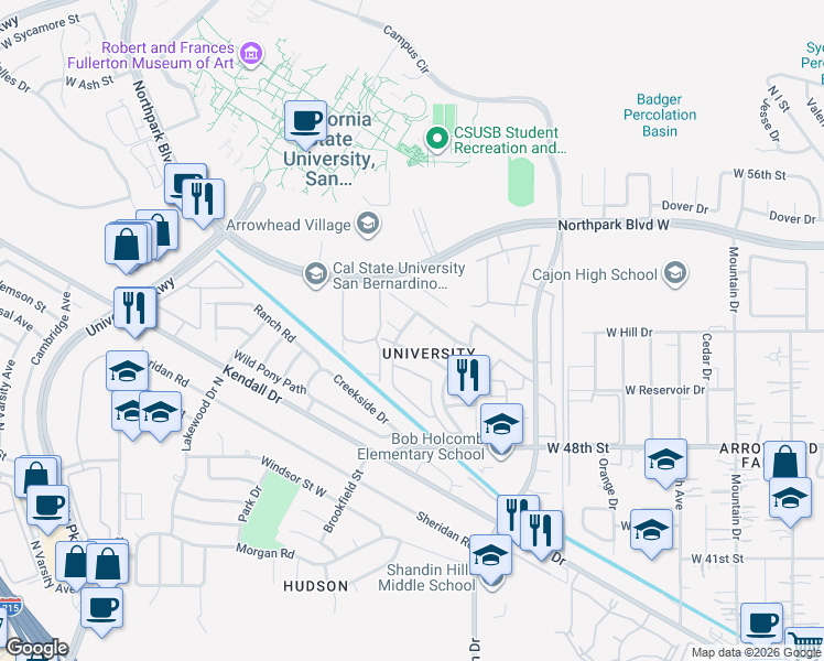 map of restaurants, bars, coffee shops, grocery stores, and more near 5205 North Mammoth Drive in San Bernardino