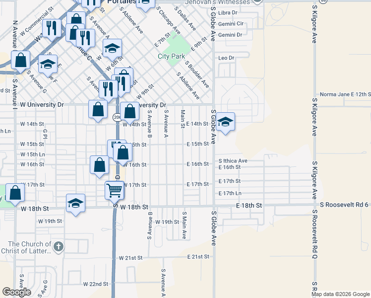 map of restaurants, bars, coffee shops, grocery stores, and more near 1401-1499 South Main Avenue in Portales