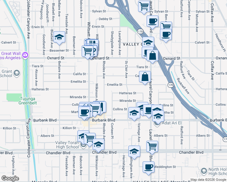 map of restaurants, bars, coffee shops, grocery stores, and more near 12327 Hatteras Street in Los Angeles