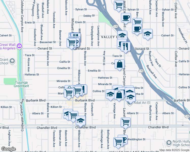 map of restaurants, bars, coffee shops, grocery stores, and more near 12317 Hatteras Street in Los Angeles