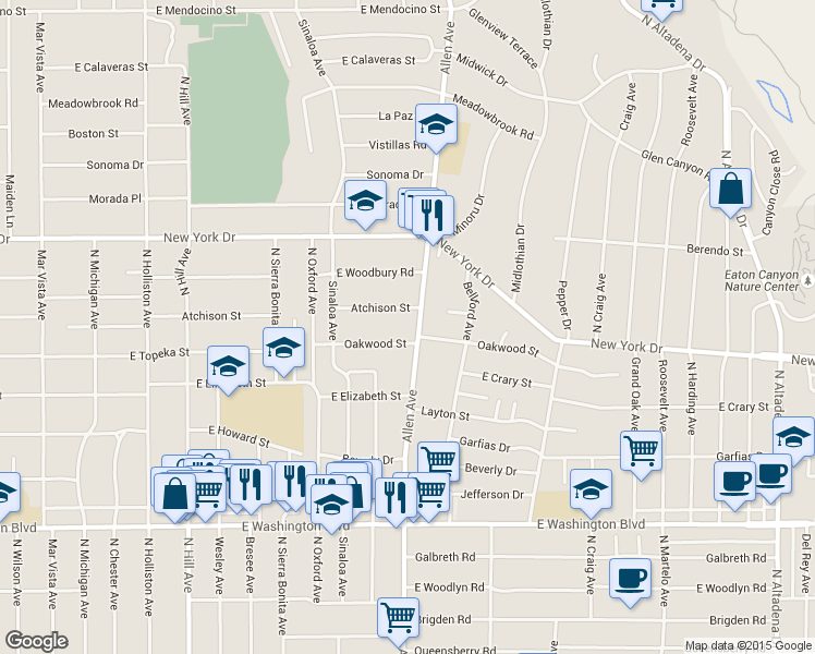 map of restaurants, bars, coffee shops, grocery stores, and more near 1713 North Allen Avenue in Pasadena