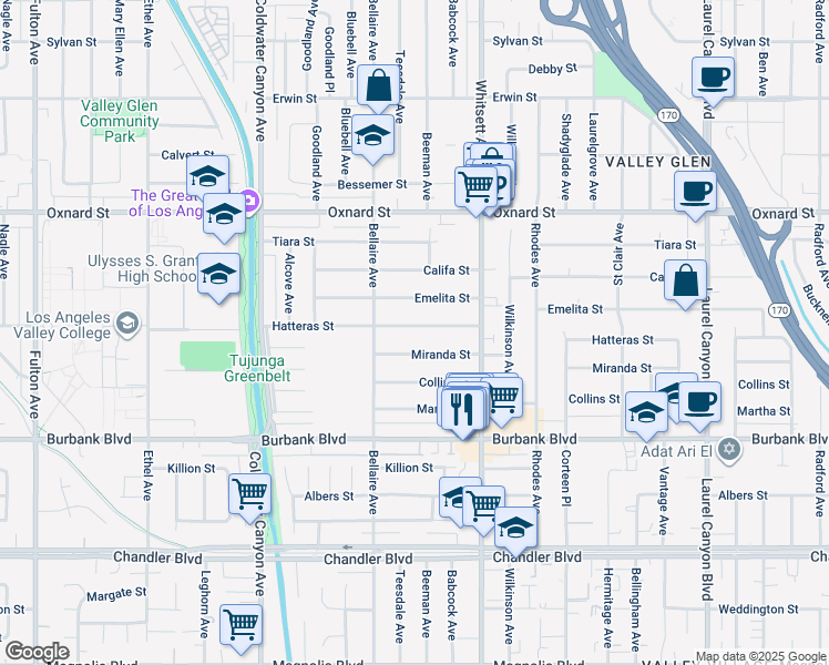 map of restaurants, bars, coffee shops, grocery stores, and more near 12612 Hatteras Street in Los Angeles