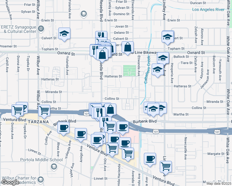 map of restaurants, bars, coffee shops, grocery stores, and more near 18419 Collins Street in Los Angeles