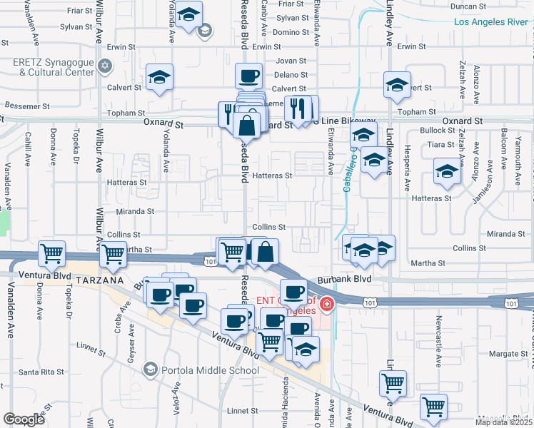 map of restaurants, bars, coffee shops, grocery stores, and more near 18415 Collins Street in Los Angeles