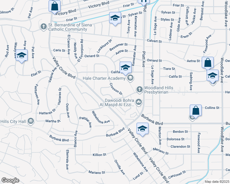 map of restaurants, bars, coffee shops, grocery stores, and more near 23826 Crosson Drive in Los Angeles