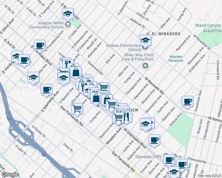 map of restaurants, bars, coffee shops, grocery stores, and more near 1166 Allen Avenue in Glendale