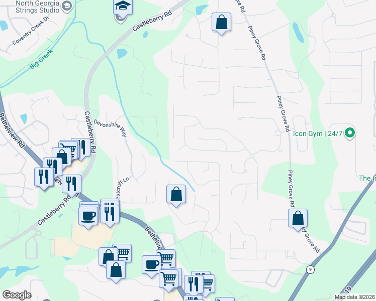 map of restaurants, bars, coffee shops, grocery stores, and more near 5980 Weddington Drive in Cumming