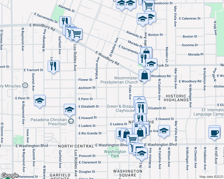 map of restaurants, bars, coffee shops, grocery stores, and more near 686 Atchison Street in Pasadena