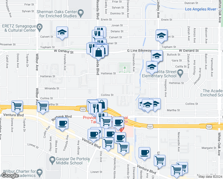 map of restaurants, bars, coffee shops, grocery stores, and more near 18403 Collins Street in Los Angeles