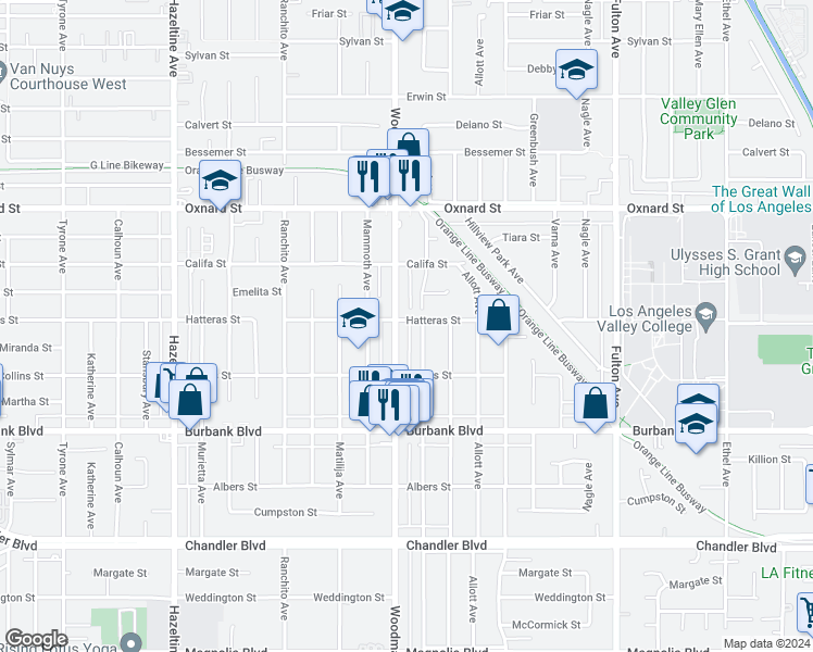 map of restaurants, bars, coffee shops, grocery stores, and more near 5754 Woodman Avenue in Los Angeles