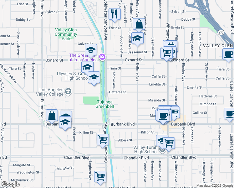 map of restaurants, bars, coffee shops, grocery stores, and more near 12818 Hatteras Street in Los Angeles