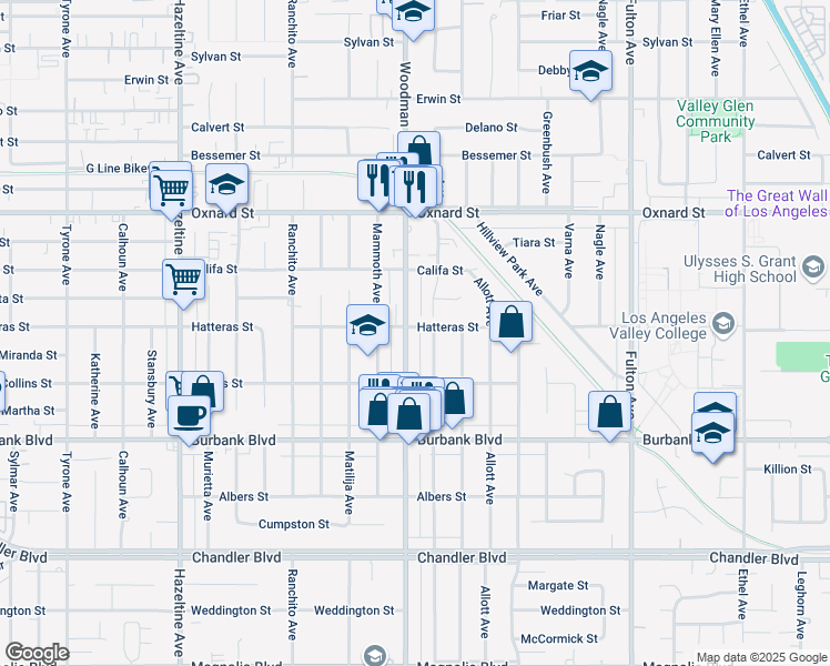 map of restaurants, bars, coffee shops, grocery stores, and more near 5754 Woodman Avenue in Los Angeles