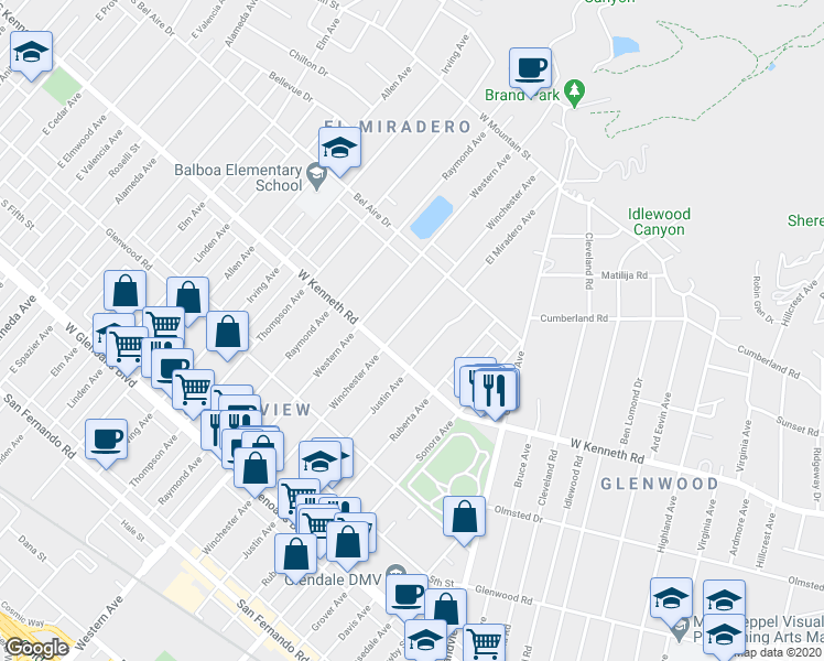 map of restaurants, bars, coffee shops, grocery stores, and more near 1324 Winchester Avenue in Glendale