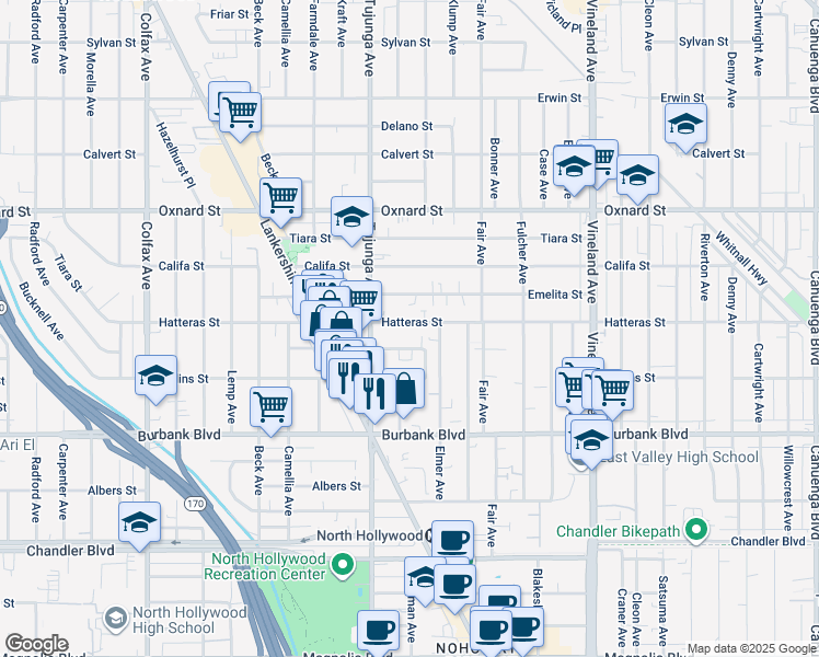 map of restaurants, bars, coffee shops, grocery stores, and more near 11322 Hatteras Street in Los Angeles