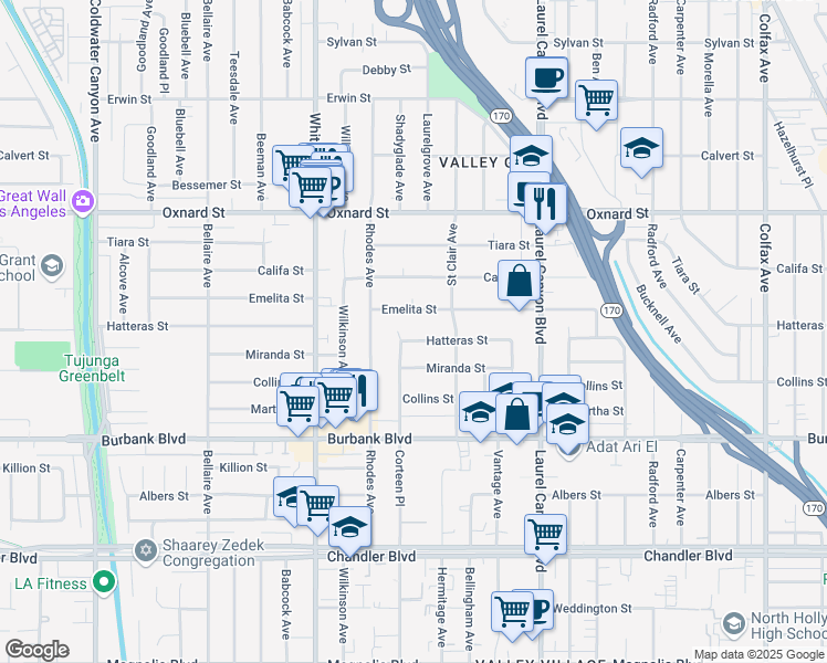 map of restaurants, bars, coffee shops, grocery stores, and more near 12317 Hatteras Street in Los Angeles