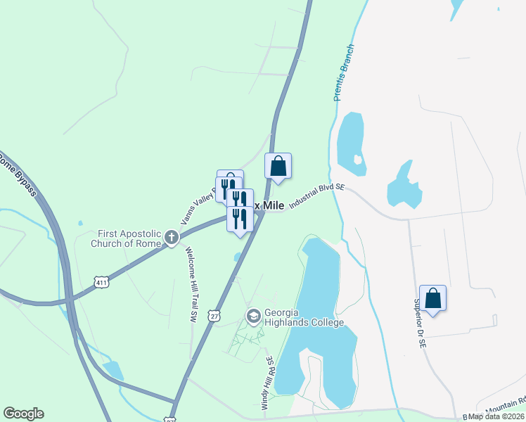 map of restaurants, bars, coffee shops, grocery stores, and more near 3064 Cave Spring Road Southwest in Rome