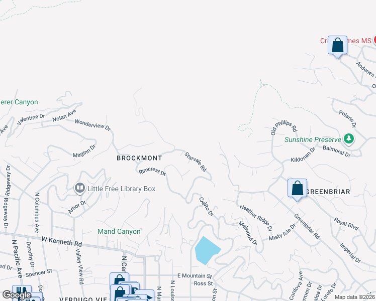 map of restaurants, bars, coffee shops, grocery stores, and more near 1978 Starvale Road in Glendale