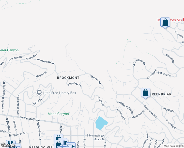 map of restaurants, bars, coffee shops, grocery stores, and more near 1978 Starvale Road in Glendale