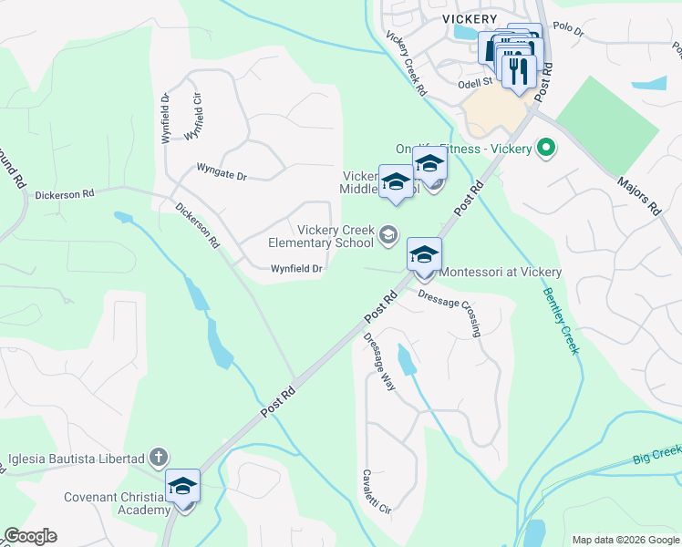 map of restaurants, bars, coffee shops, grocery stores, and more near 7420 Wynfield Drive in Cumming