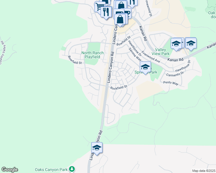 map of restaurants, bars, coffee shops, grocery stores, and more near Lindero Canyon Rd & Rockfield St in Oak Park